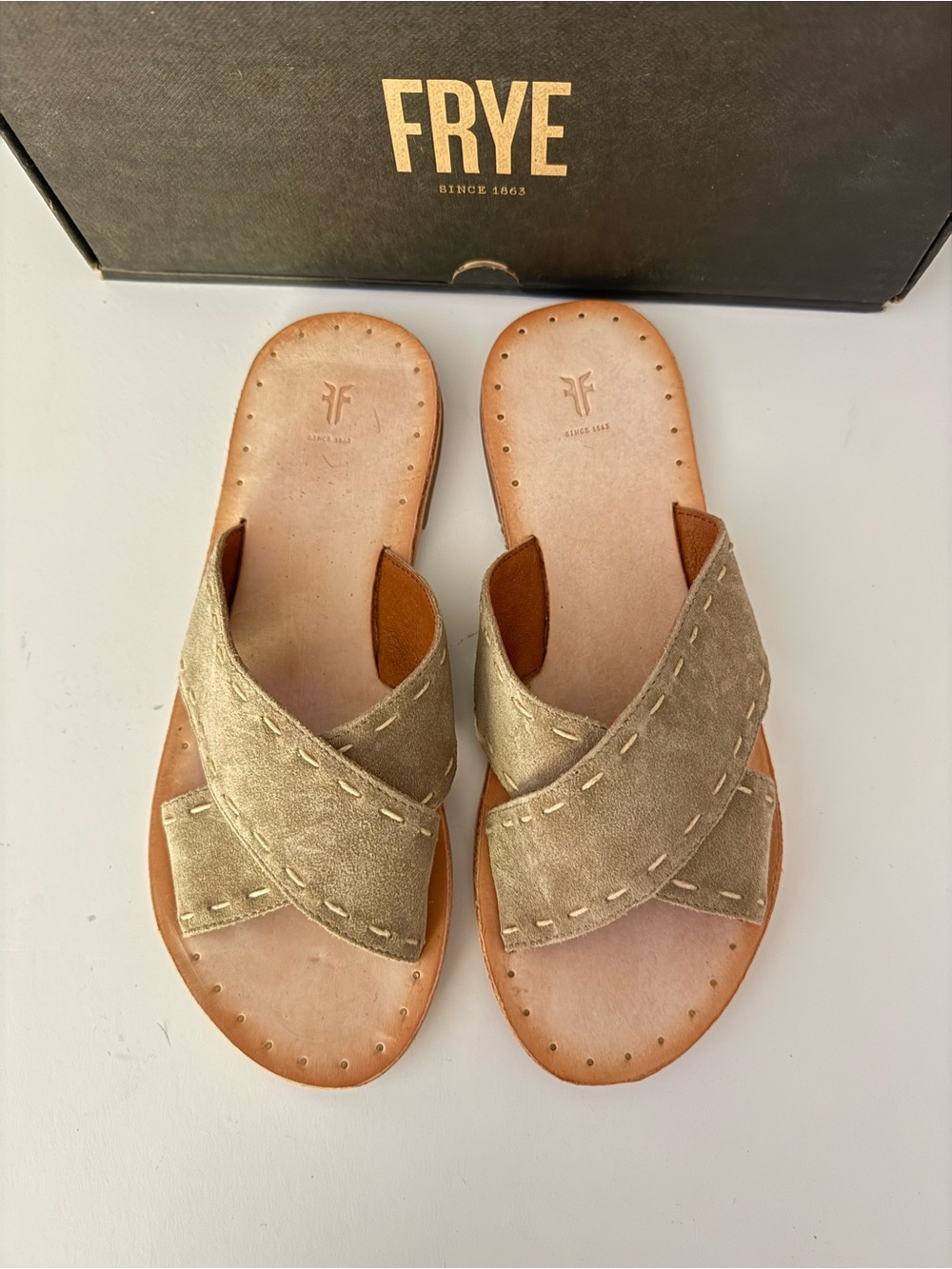 Frye Women's Metallic Taupe Crossband Leather Slide Sandals